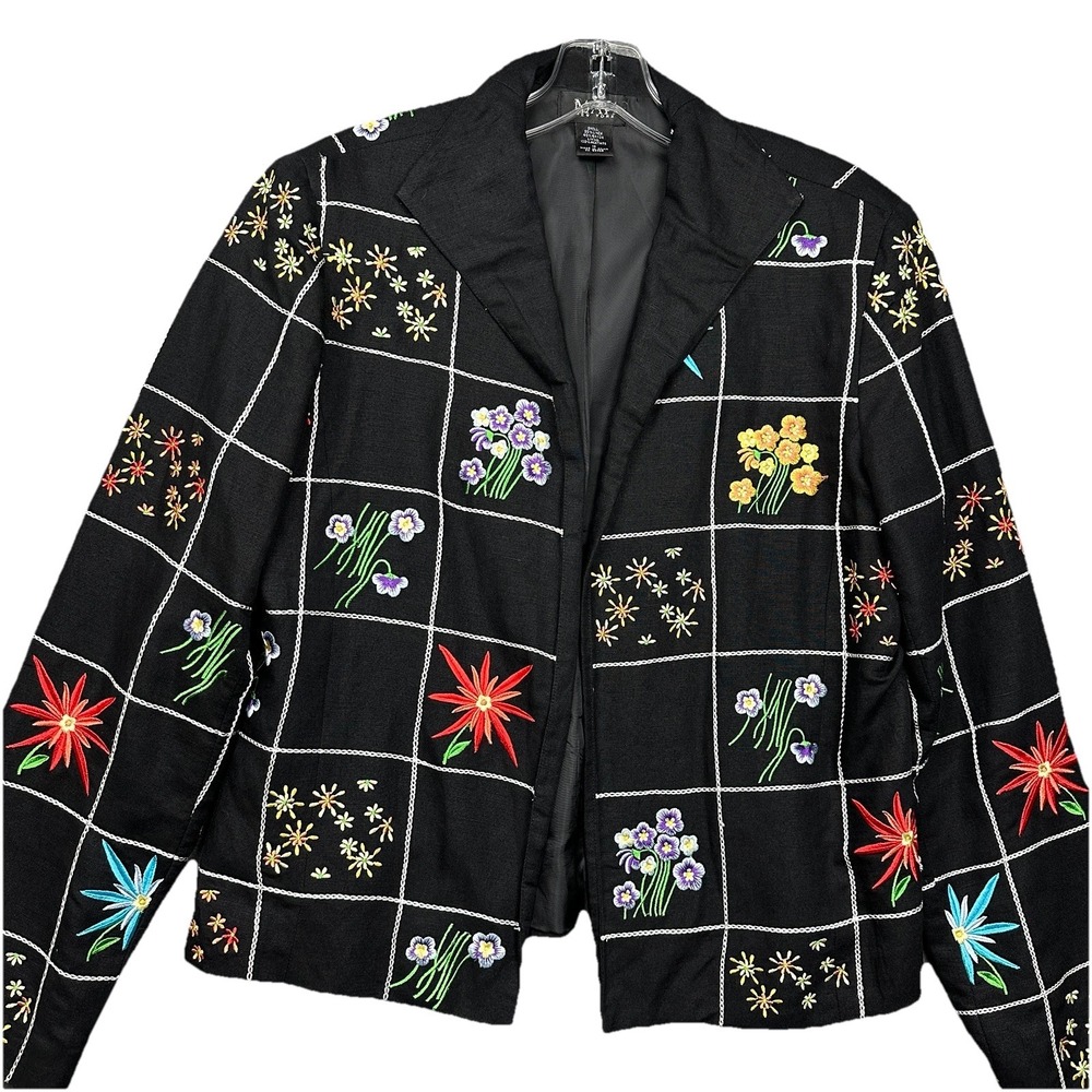 MAK New York‎ Jacket Size 12 Black Open Front Embroidered Flowers Linen Blend